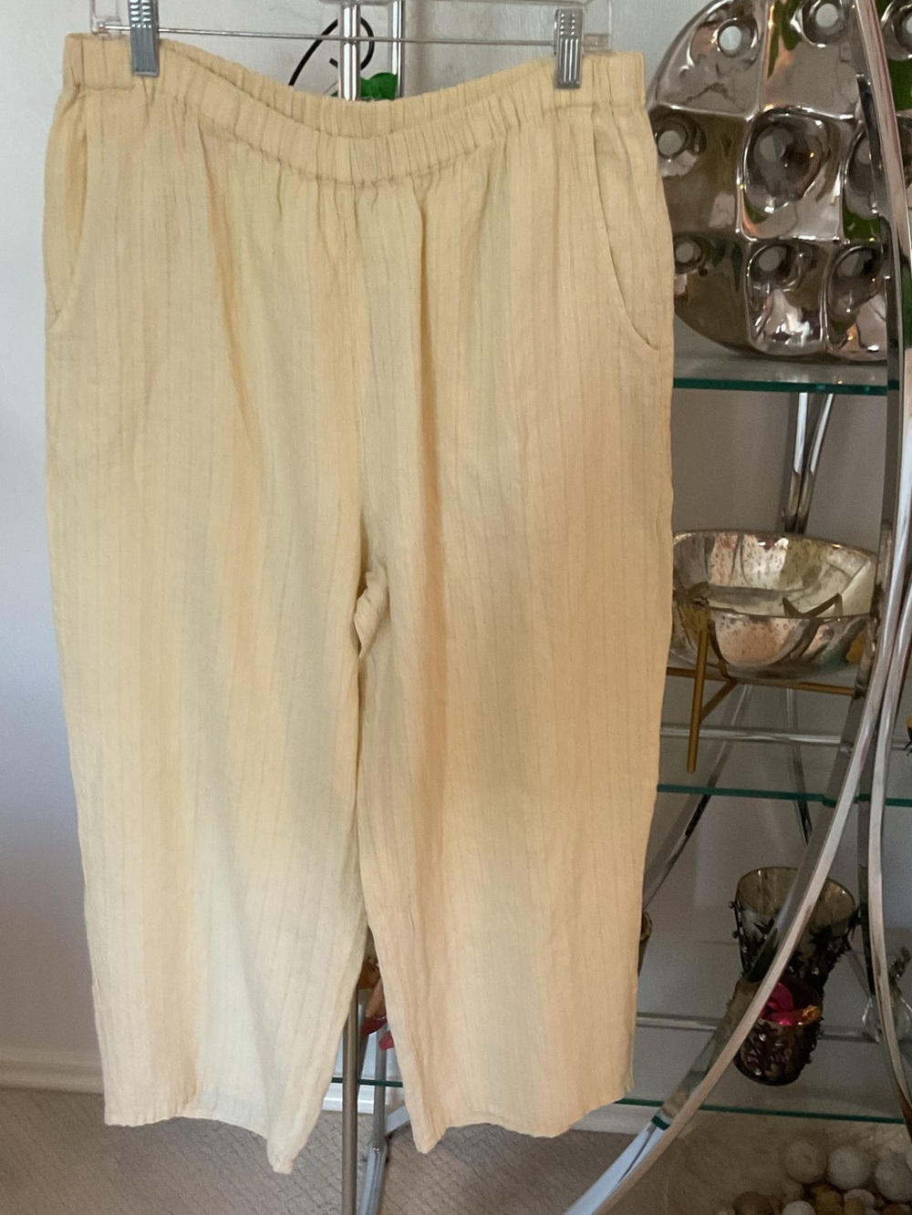 Flax Cropped Elastic Waist Pants in Light yellow. Textured linen.